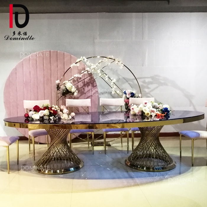 OEM Event Wedding Hotel Table –  Romantic blue color glass top stainless steel bird's nest design wedding table – Dominate