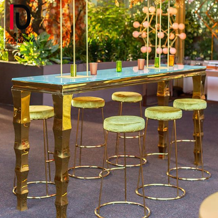 OEM Event Stainless Teel Weding Cake Table –  2.4m Communal stainless steel frame and mirror glass top long gold bar table – Dominate