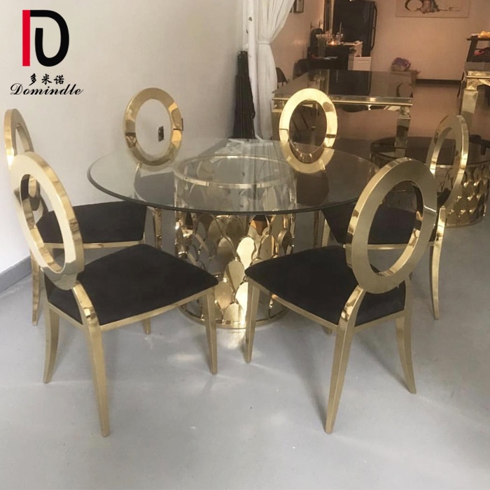 Wholesale Round Gold Stainless Steel Table –  Clear tempered glass top stainless steel fish scale round dinner table – Dominate