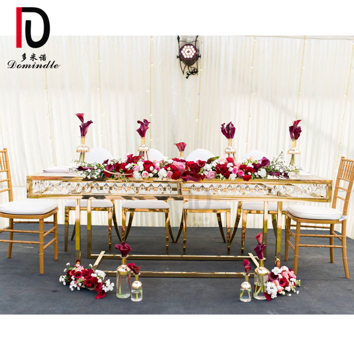 stainless steel golden tempered glass wedding banquet table with crystals