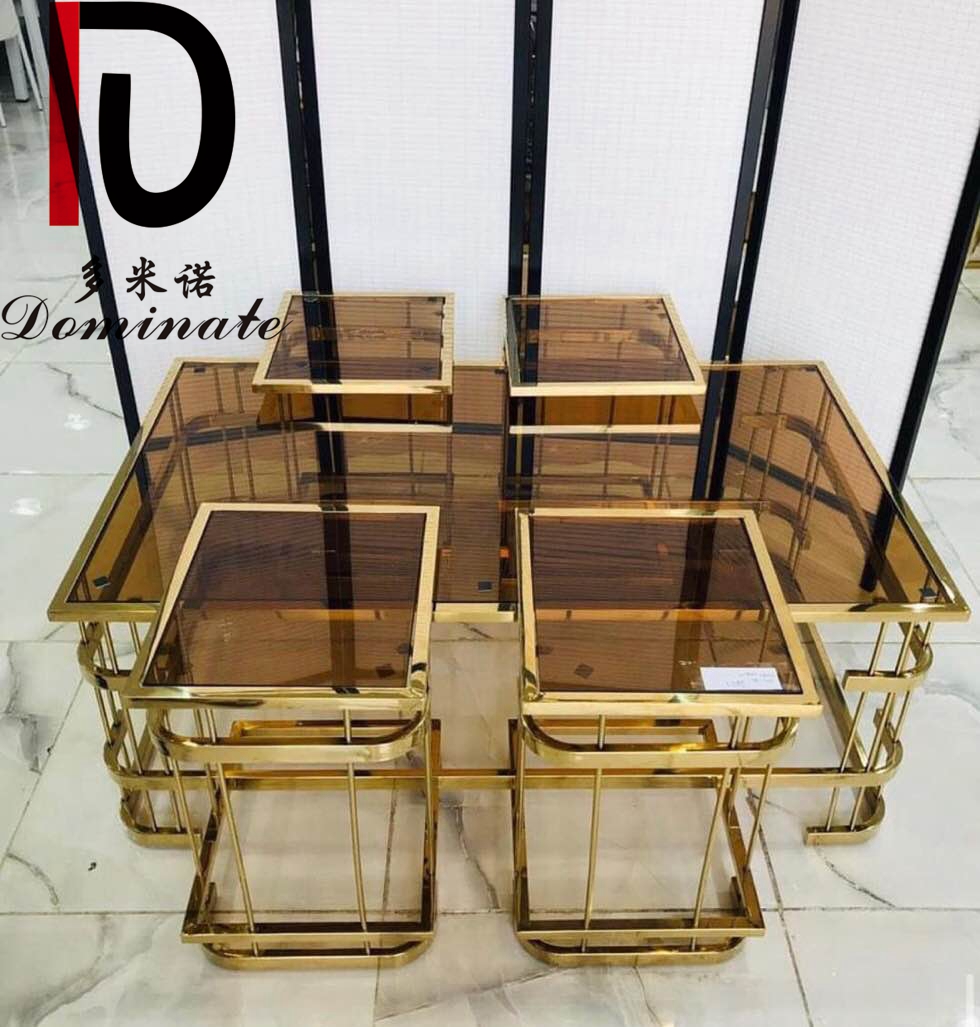 New Design Rectangle Shape Glass Living Room Coffee Table Stainless Steel Frame 4+1 Combination Coffee Table Sets
