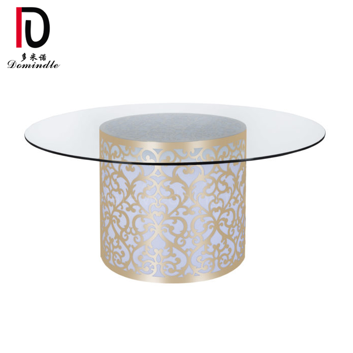 OEM Wedding Banquet Table –  Round Gold stainless steel Laser Cut Base LED dining table With Glass Top – Dominate