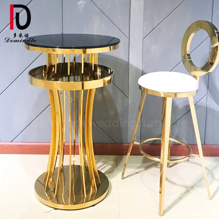 Wedding style gold stainless steel glass top round bar table for party