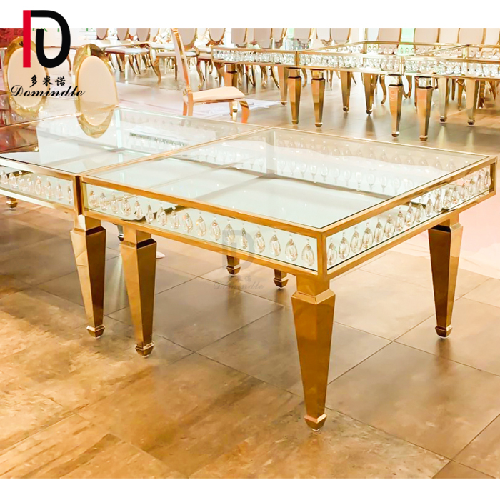 Wholesale Gold Stainless Steel Weddinig Table –  modern gold stainless steel legs glass top square crystal wedding cake table – Dominate