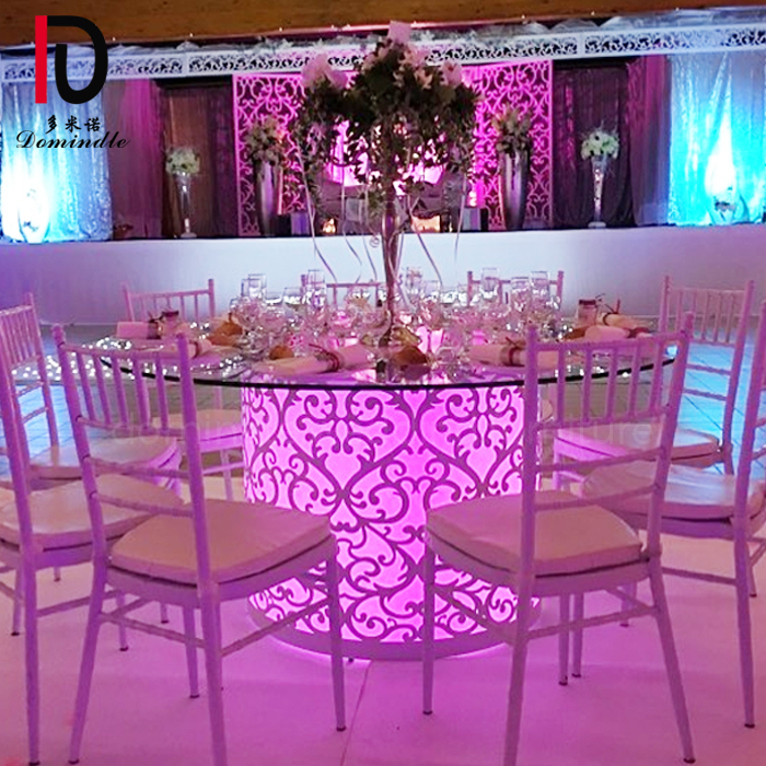 OEM Glass Banquet Table –  titanium gold stainless steel frame round wedding LED light table – Dominate