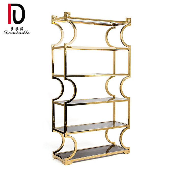 OEM Metal Banquet Table –  modern gold stainless steel frame wedding glass top wine shelf – Dominate