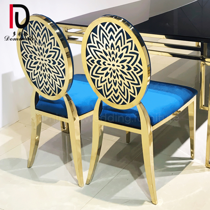 Excellent quality Banquet Hotel Chair – Metal stackable round back gold wedding chair with blue velvet pads – Dominate