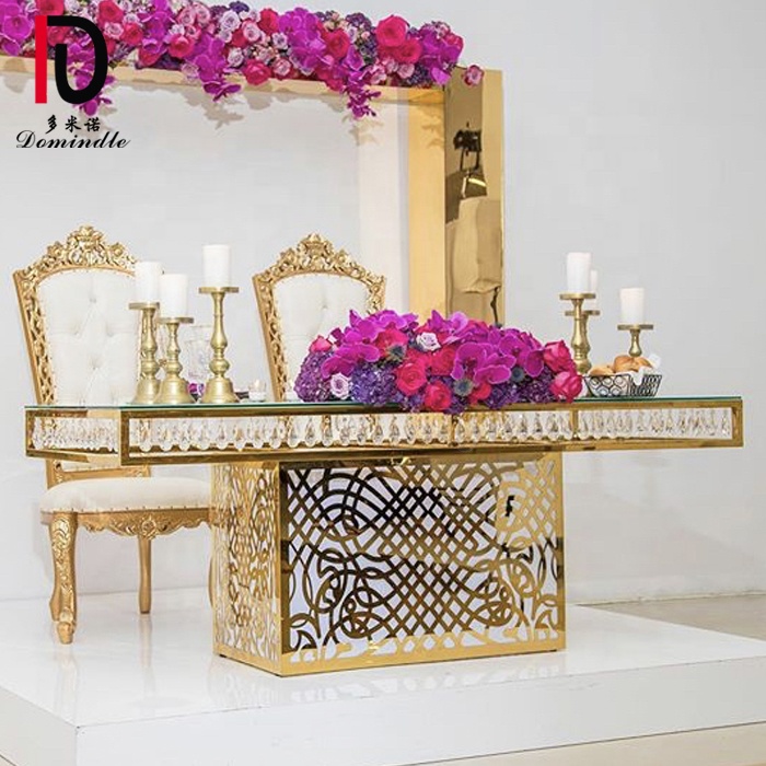 OEM Golden Stainless Steel Table –  Tempered glass top gold stainless steel base luxury wedding banquet table – Dominate