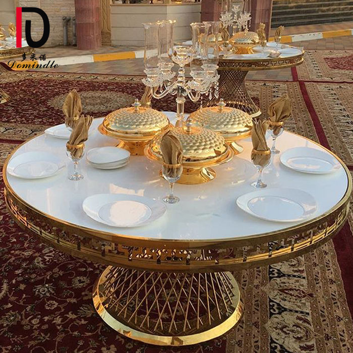 OEM Gold Banquet Table –  Dubai design stainless steel dining table with MDF top for wedding – Dominate