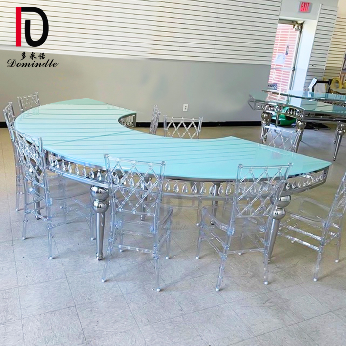 China Stainless Steel Cake Table –  party event clear glass top half moon crystal wedding dinning table – Dominate