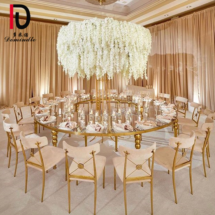 OEM Event Dining Chair –  dominate luxe design Rococo gold stainless steel wedding chair with velvet Pads – Dominate