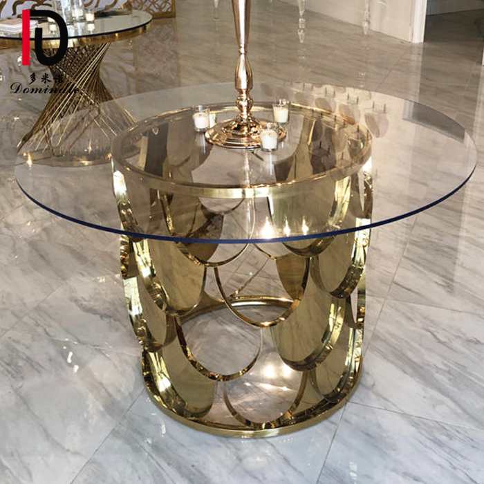 Wholesale Modern Glass Top Cake Table – unique wedding furniture gold Stainless Steel base glass dining table – Dominate detail pictures