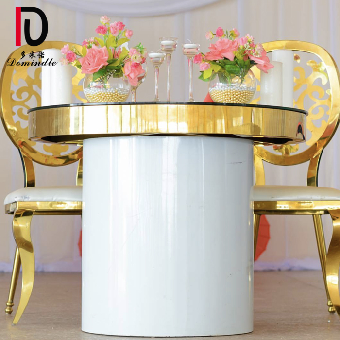 white base gold stainless steel round mirror glass top wedding cake table Featured Image