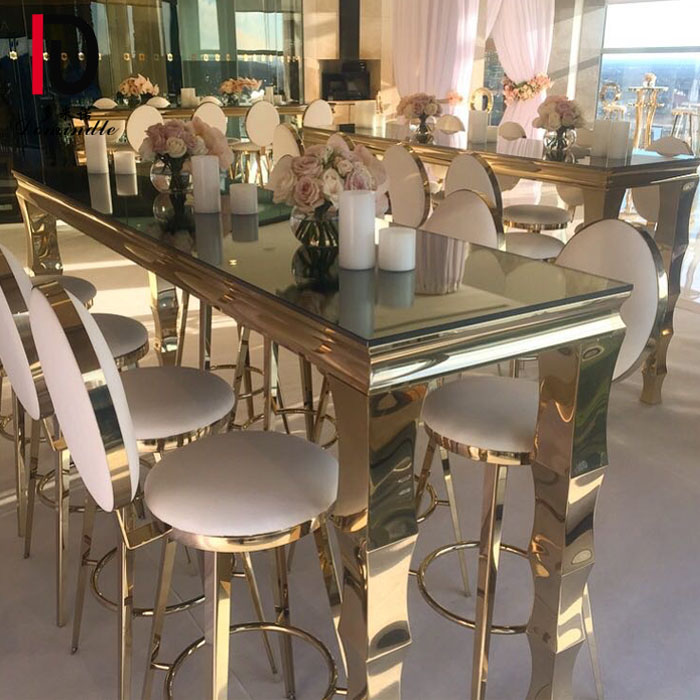 Wholesale Gold Hotel Table –  wedding modern glass top gold stainless steel bar table for party – Dominate