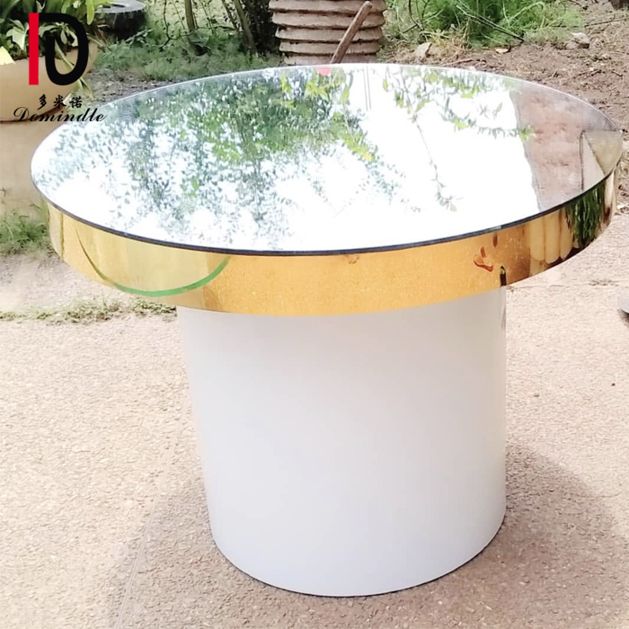 white base gold stainless steel round mirror glass top wedding cake table