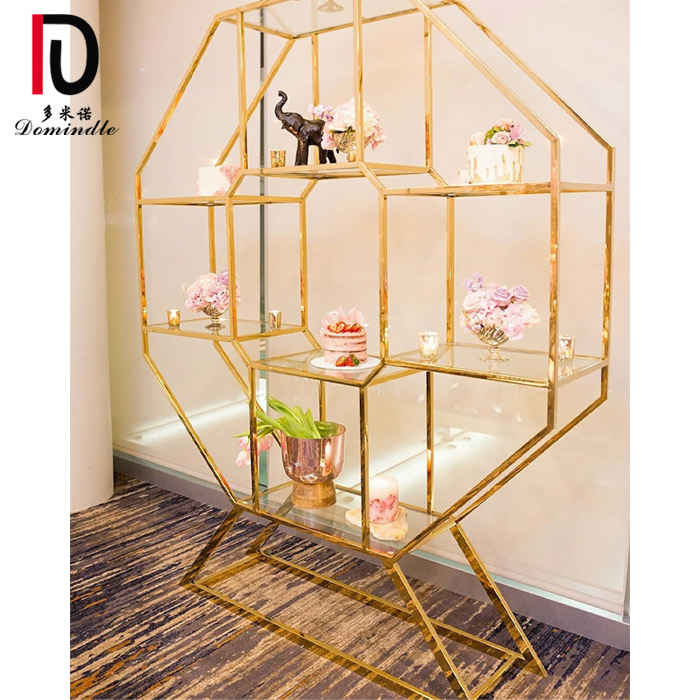 China Modern Gold Metal Hotel Table –  gold stainless steel frame wedding back drop glass bar back – Dominate