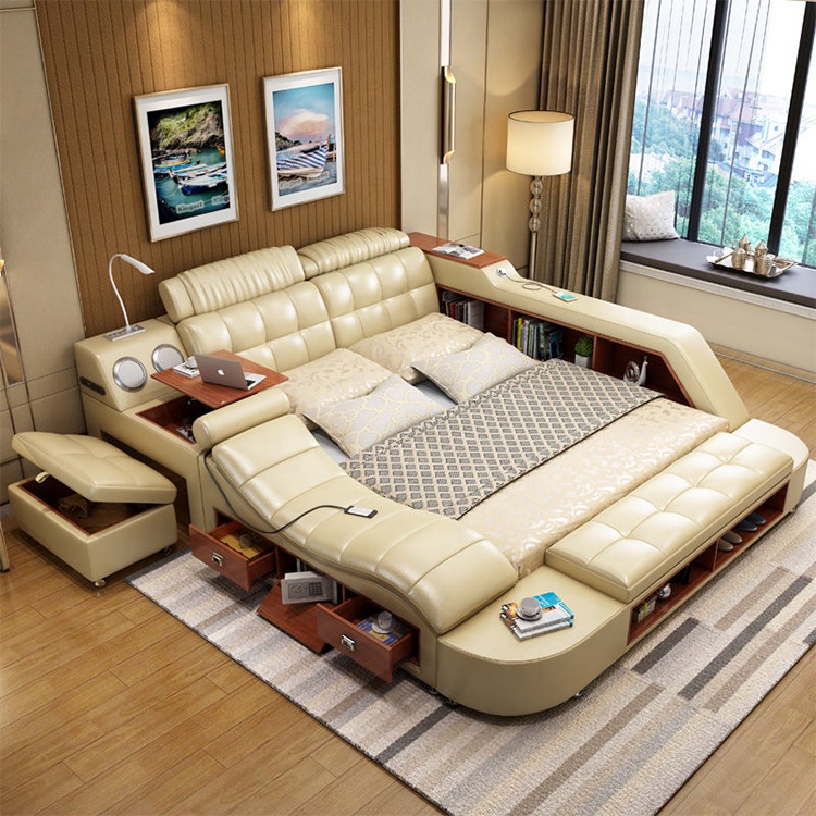Modern  hot sales leather king bed with  multifunctional storage box massage music leather bed