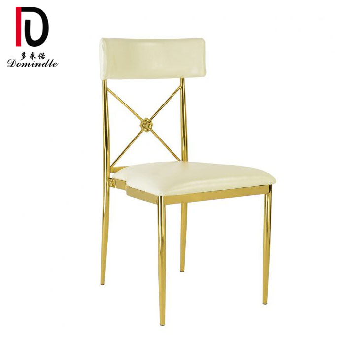 dominate new design luxe Brooklyn gold stainless steel cross back banquet  wedding chair with White PU Pads
