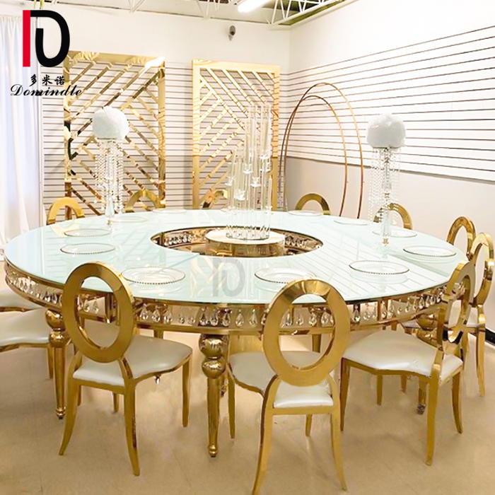 China Luxury Cake Table –  Luxury golden stainless steel frame round moon glass top crystal wedding table – Dominate