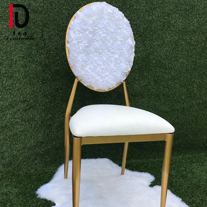 Customized wedding furniture flower leather back stackable pu cushion iron dining chair