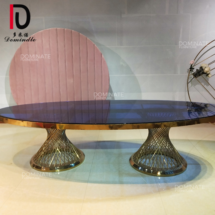 Wholesale Banquet Table Golden –  Stainless steel base oval event blue tempered glass hotel table for weddings – Dominate