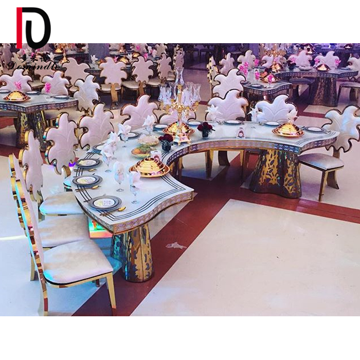 China Stainless Steel Wedding Table –  Middle east banquet hall gold stainless steel half moon mdf dining table – Dominate