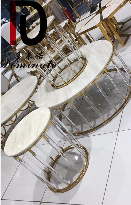 China Gold Stainless Steel Weddinig Table – New Design Luxury Living Room Furniture White Marble Top Gold Stainless Steel Frame 4+1 Combination coffee table Table Chair Set – Dominate detail pictures