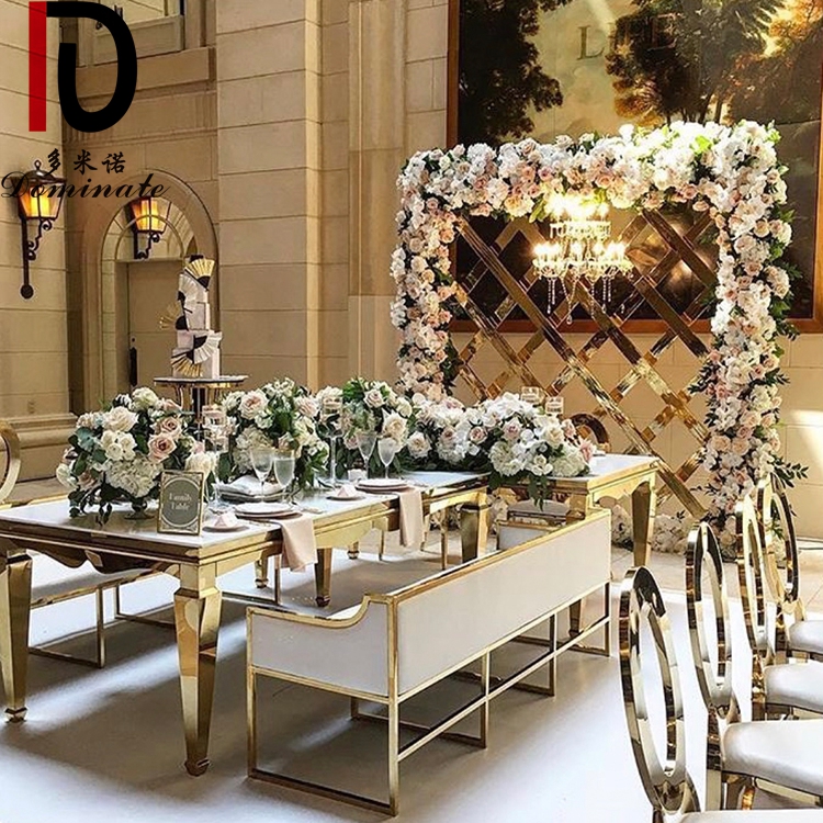 Hot sale luxury gold stainless steel frame glass top dining table for wedding banquet event