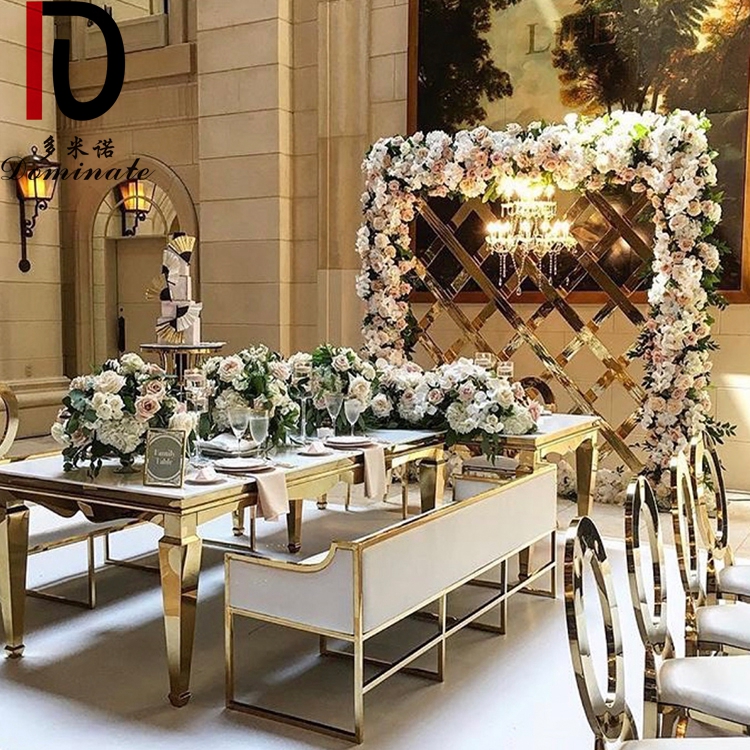 OEM Party Glass Top Hotel Table –  Hot sale luxury gold stainless steel frame glass top dining table for wedding banquet event – Dominate