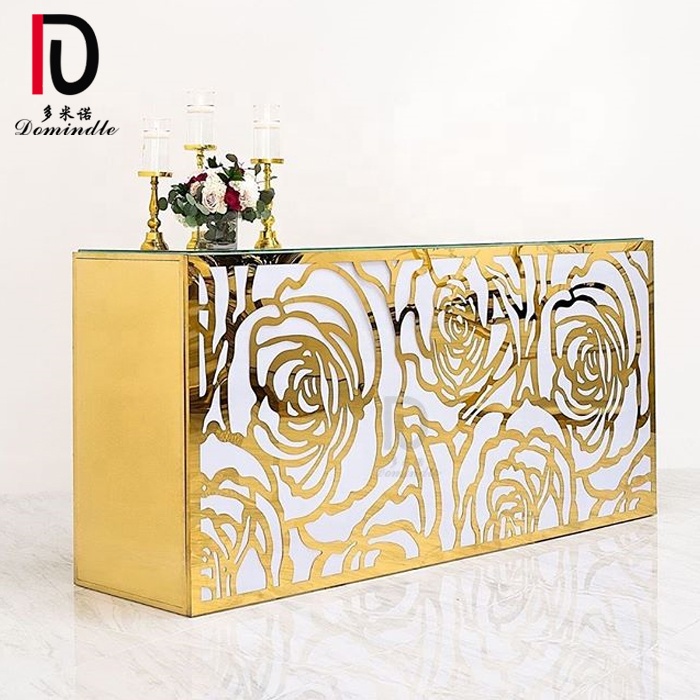 OEM Glass Banquet Table –  square shape stainless steel gold rim glass bar counter table for wedding – Dominate