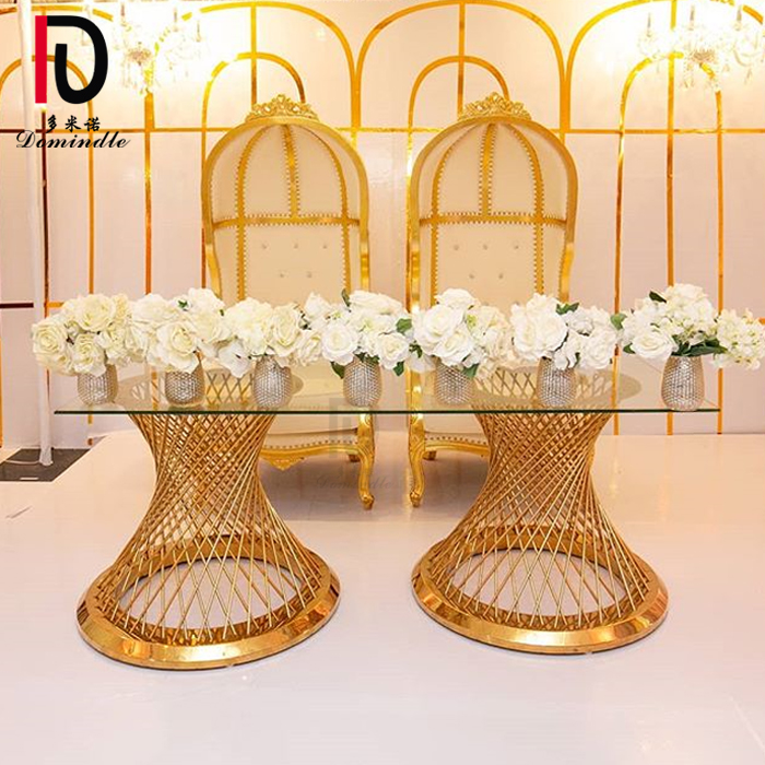 China Golden Glass Table –  Qatar wedding furniture gold stainless steel frame tempered glass top dining table – Dominate