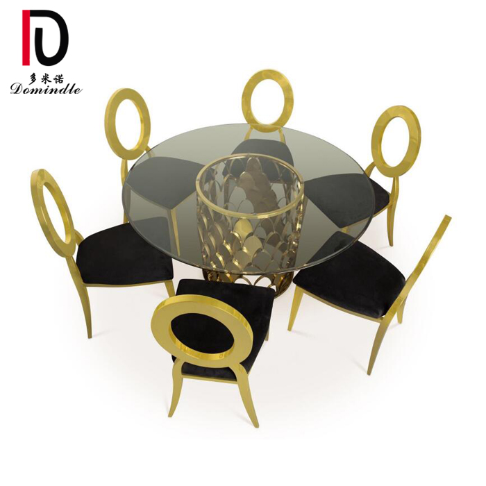 China Elegant New Design Metal Event Table –  unique gold Stainless Steel base glass top wedding furniture dining table – Dominate