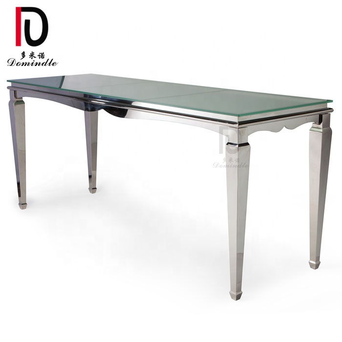 Silver stainless steel mirror glass top wedding events high metal bar table Featured Image