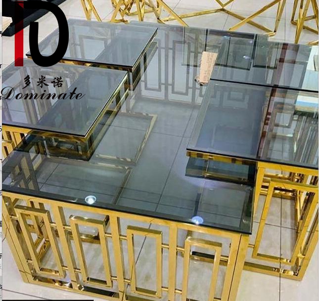 New Design Rectangle Shape Glass Living Room Coffee Table Stainless Steel Frame 4+1 Combination Coffee Table Sets