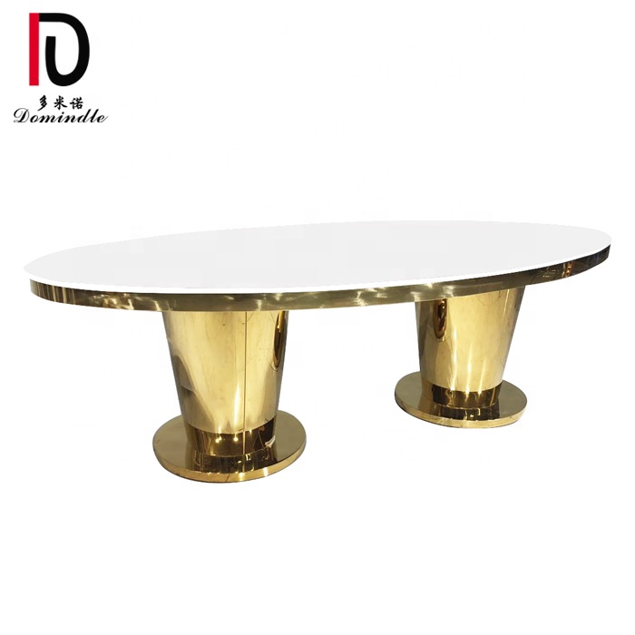 Banquet hall shape gold frame mirror glass top dining oval banquet table