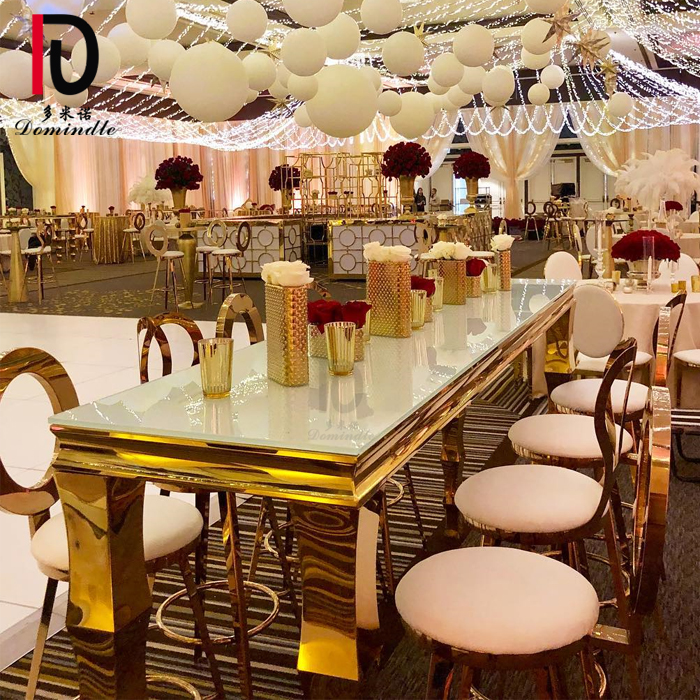 OEM Event Stainless Teel Weding Cake Table – 2.4m Communal stainless steel frame and mirror glass top long gold bar table – Dominate detail pictures